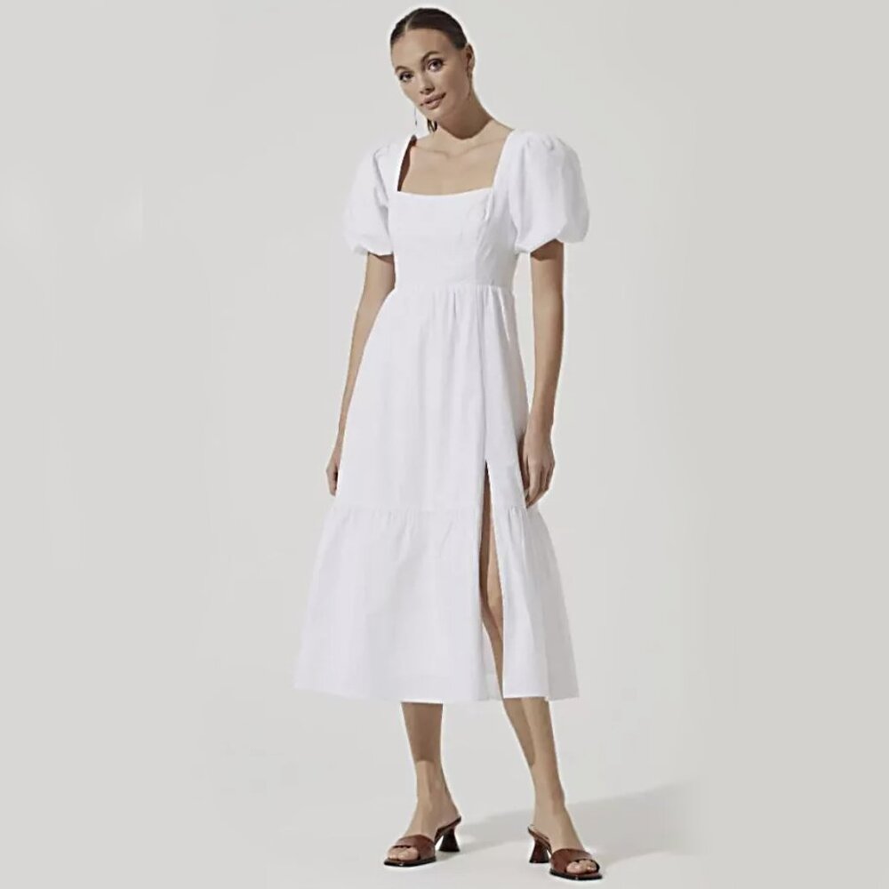 ASTR The Label Women's Poplin Puff Sleeve Tiered White Midi Dress Size S